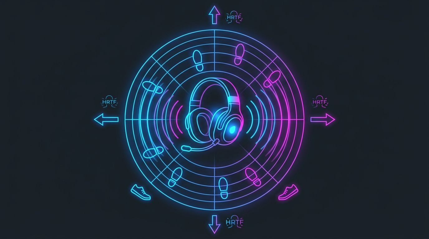 Best Apex Legends audio settings illustration showing a headset with directional sound waves and footstep positioning on a radar grid.