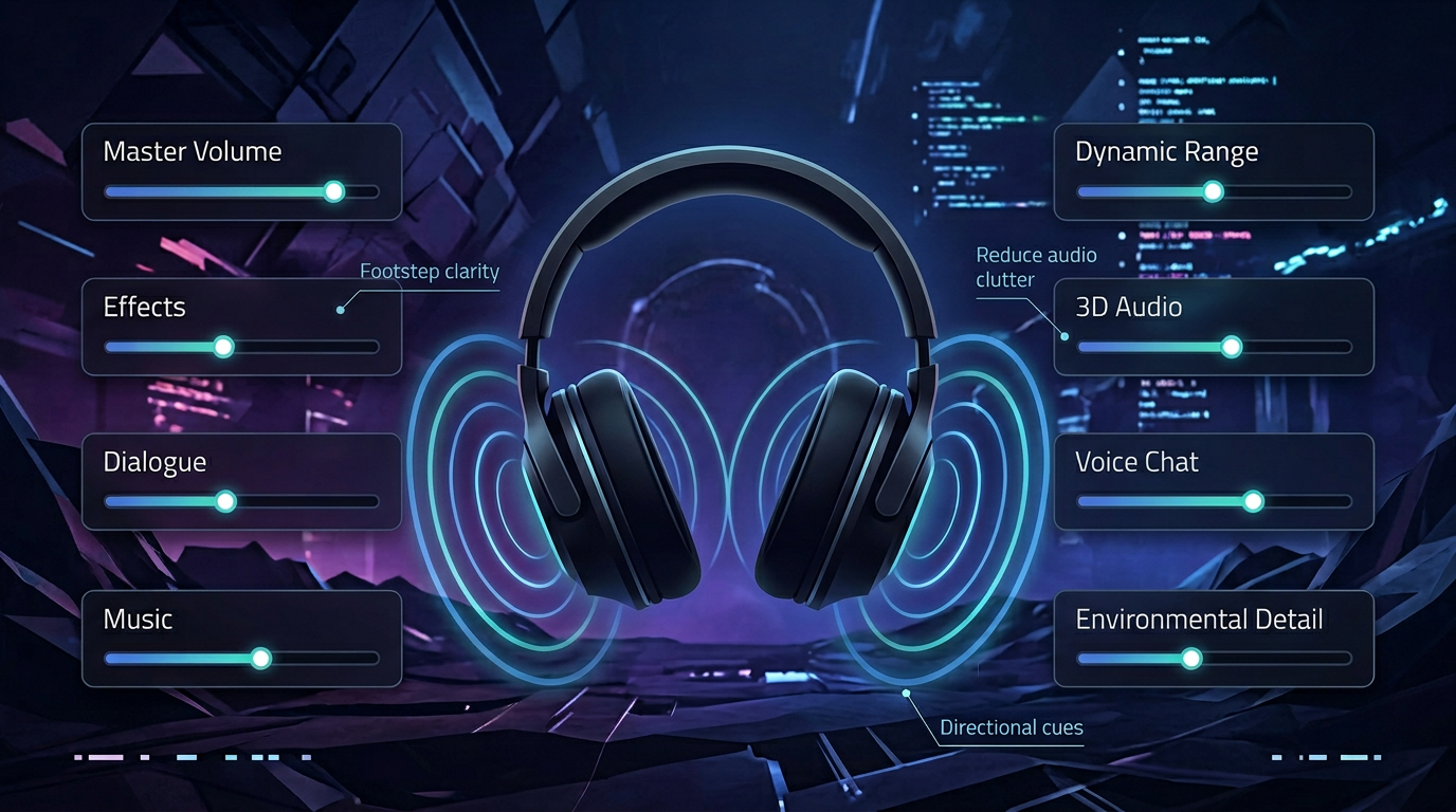Arc Raiders audio settings infographic showing volume sliders, directional cues, and footstep clarity.