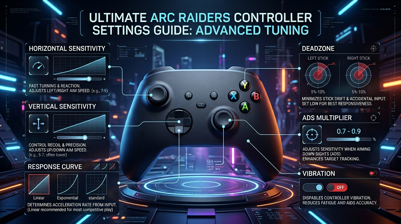 Arc Raiders controller settings guide showing deadzone, sensitivity, ADS multiplier, and response curve.