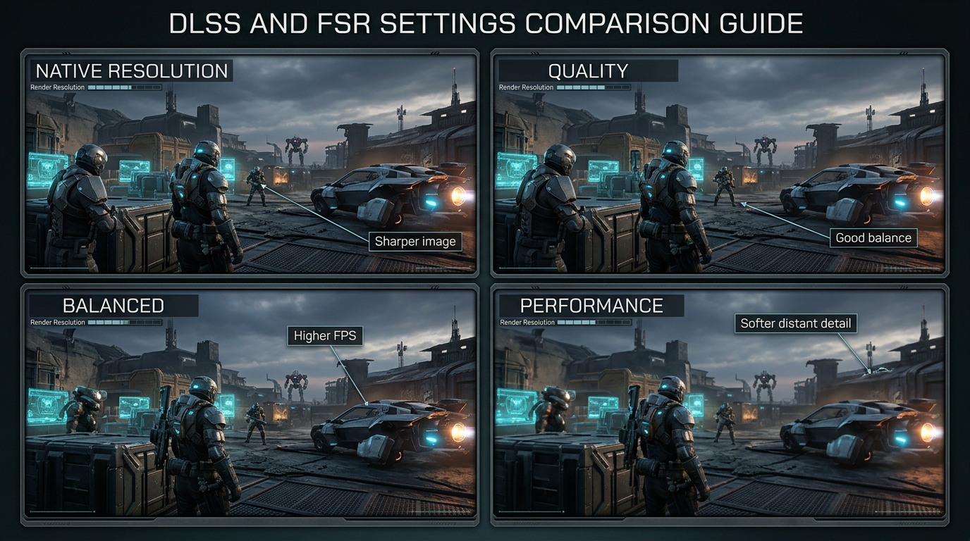 Arc Raiders upscaling comparison showing native, quality, balanced, and performance settings.