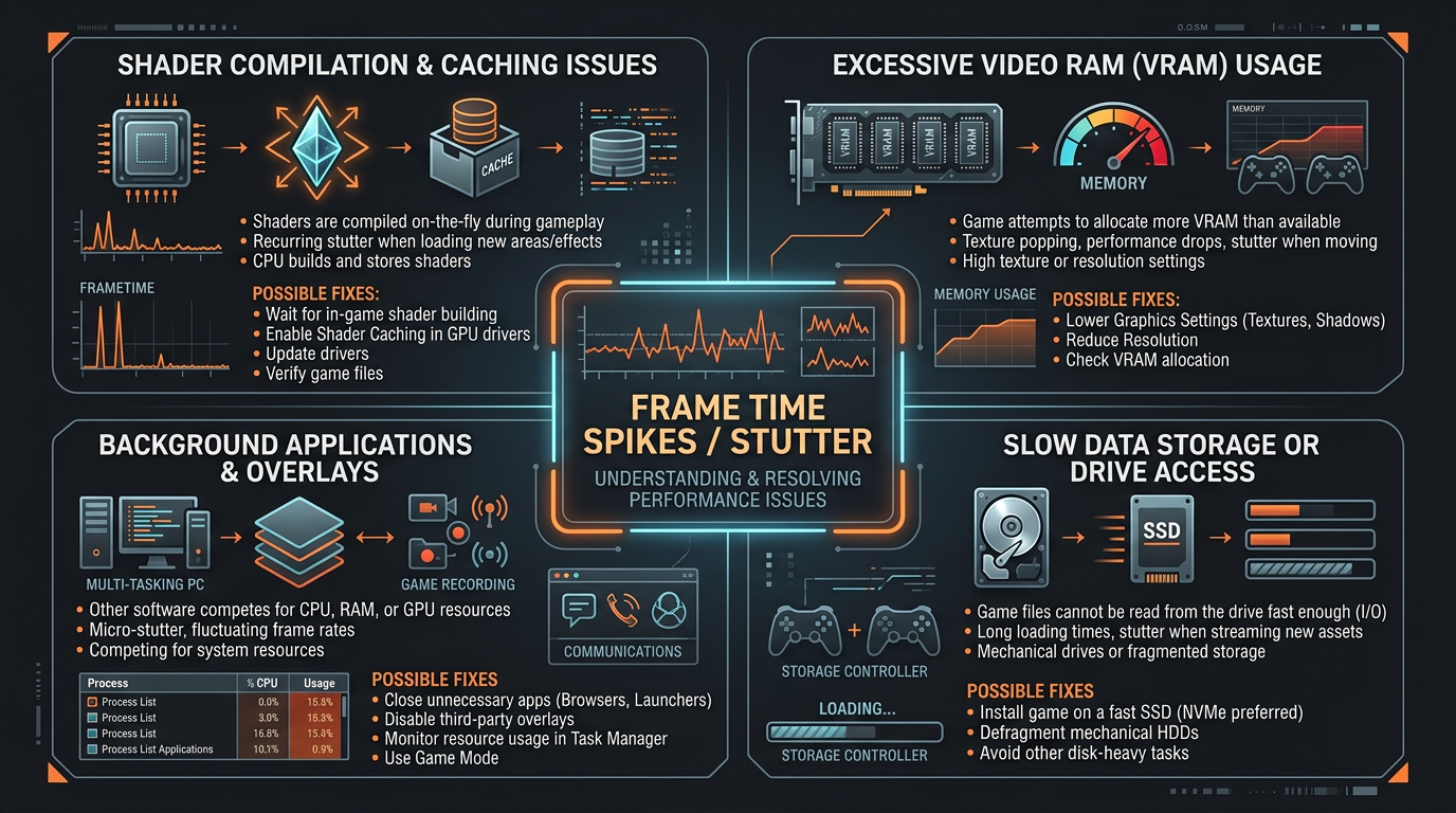Arc Raiders stutter troubleshooting diagram showing shader compilation, VRAM pressure, overlays, and storage bottlenecks.