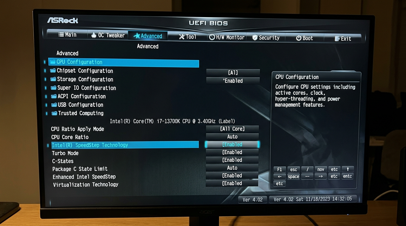 ASRock UEFI Advanced tab with CPU Configuration highlighted