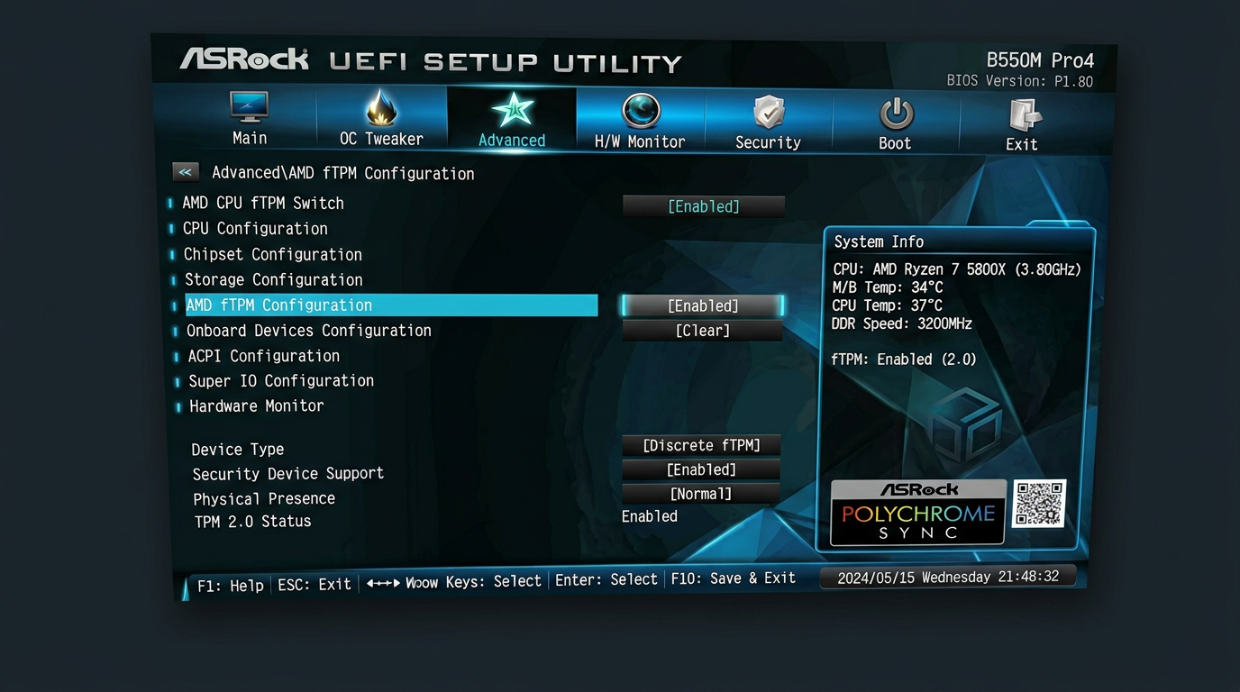ASRock AMD CPU fTPM option set to Enabled