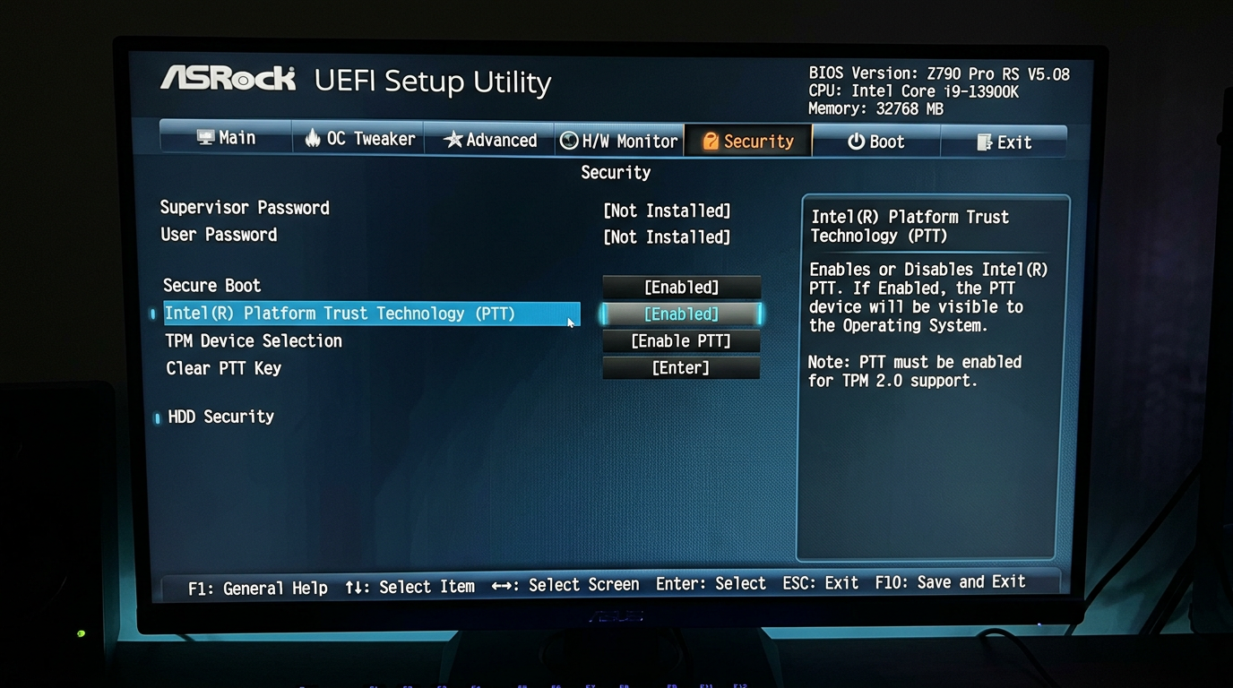 ASRock Intel Platform Trust Technology (PTT) setting enabled