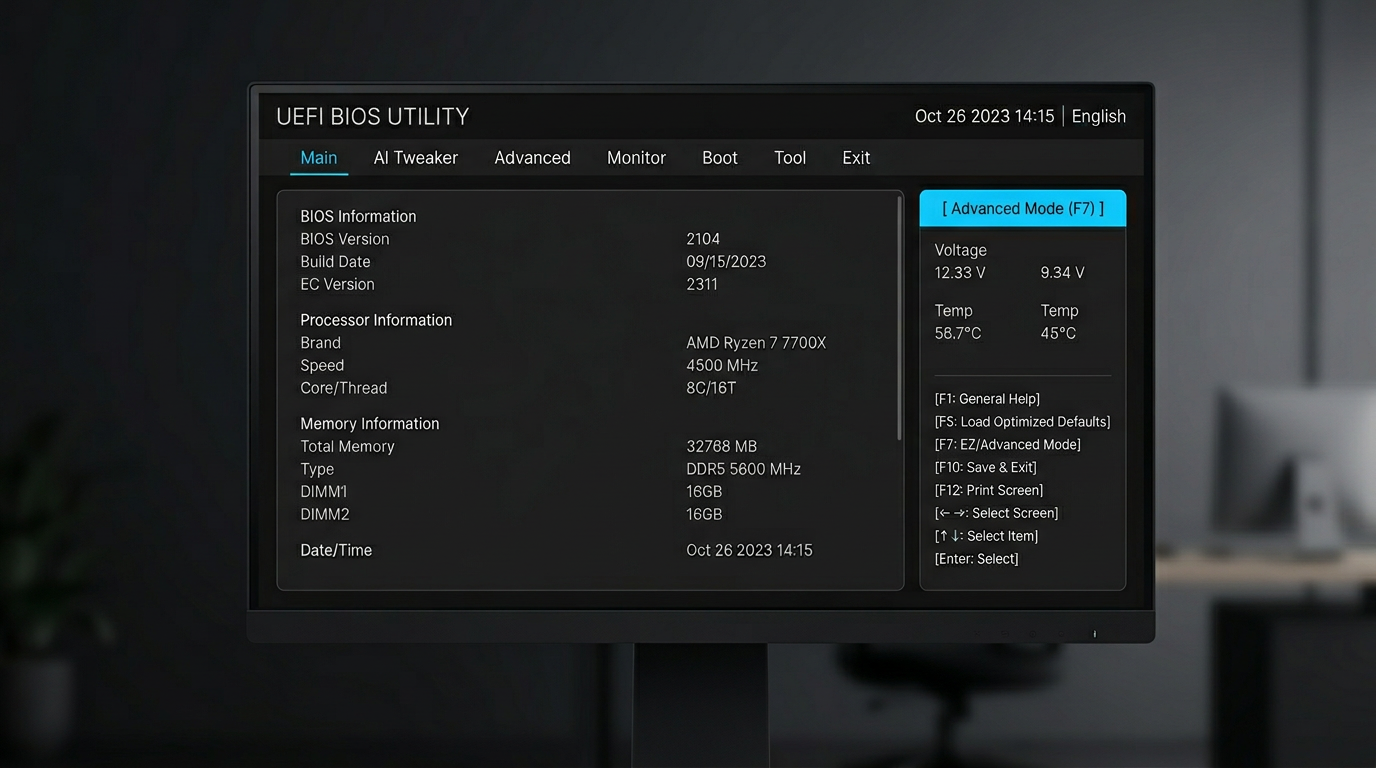 ASUS UEFI main screen with Advanced Mode hint