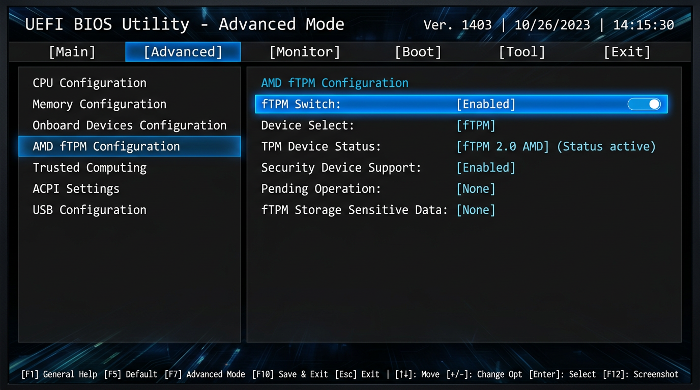 ASUS AMD fTPM setting enabled in Advanced tab