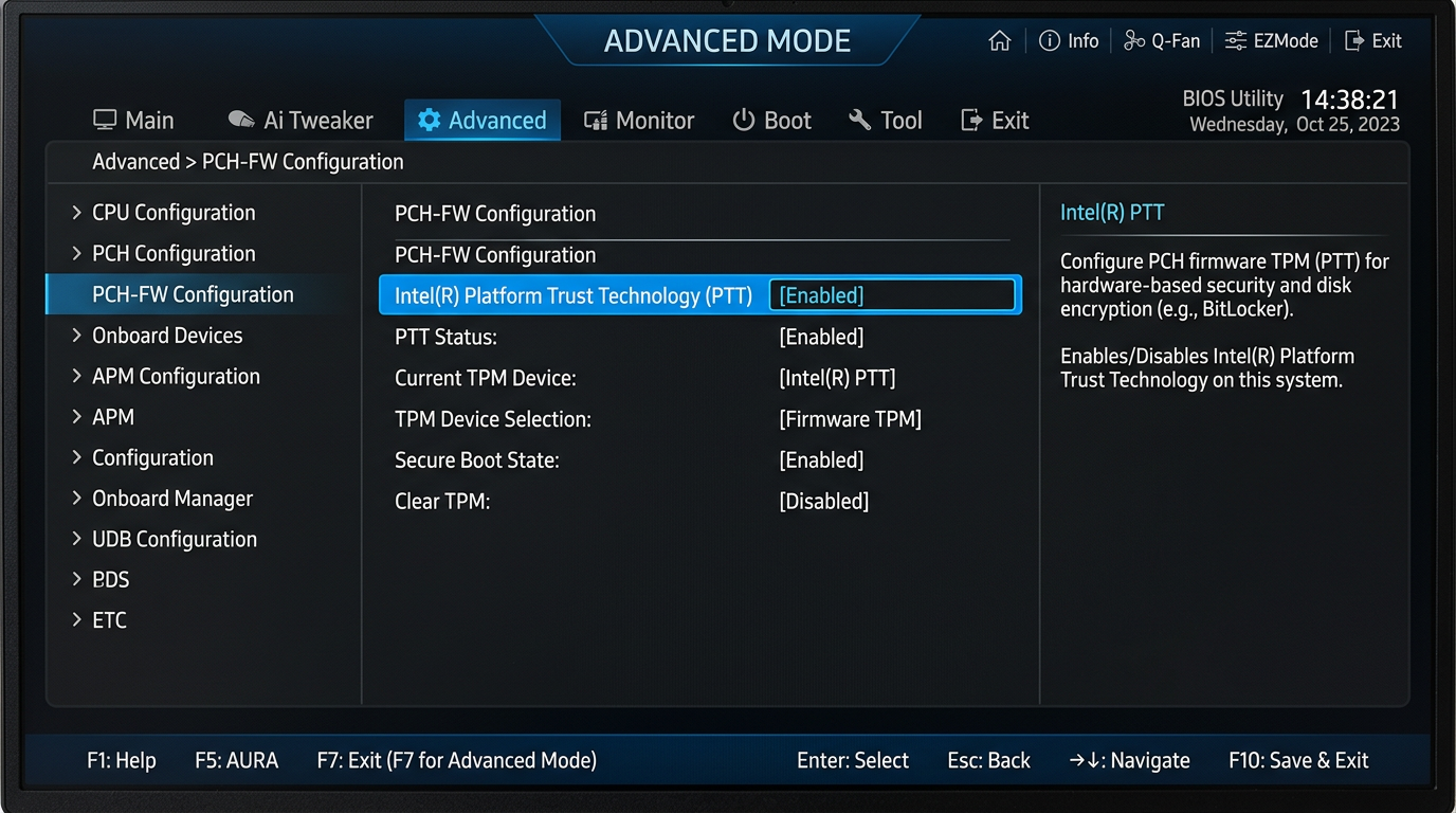 ASUS PCH-FW Configuration menu with PTT setting highlighted
