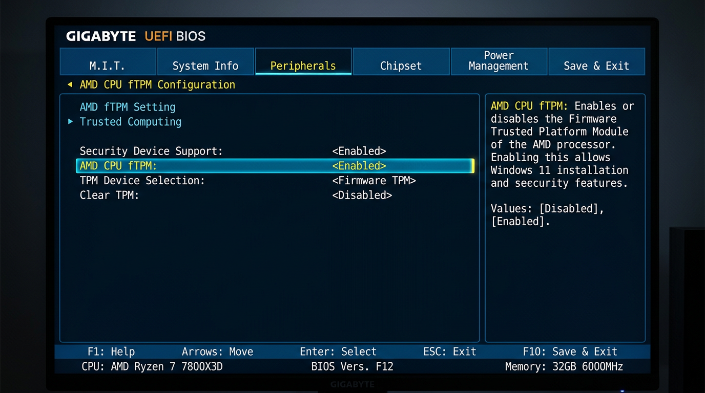 Gigabyte AMD CPU fTPM option set to Enabled