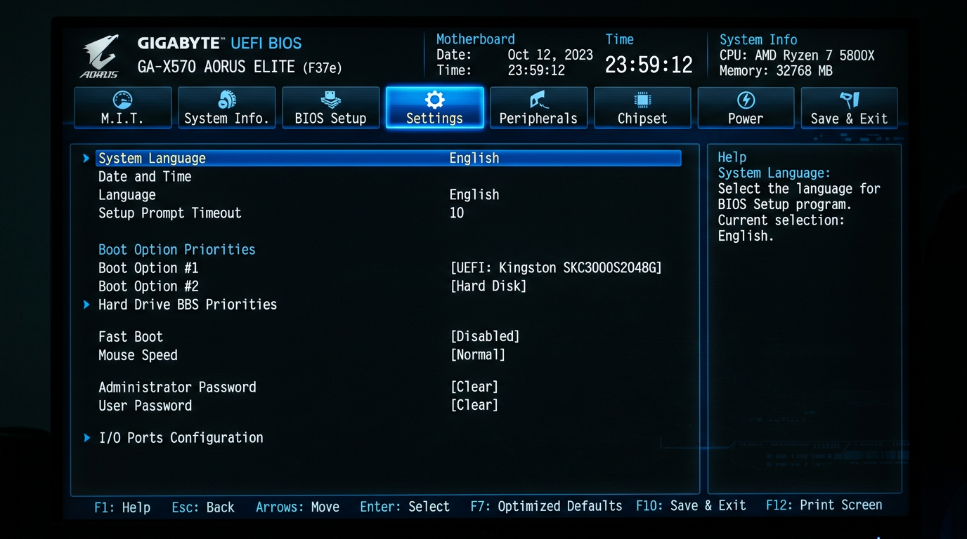 Gigabyte UEFI BIOS home with Settings tab highlighted