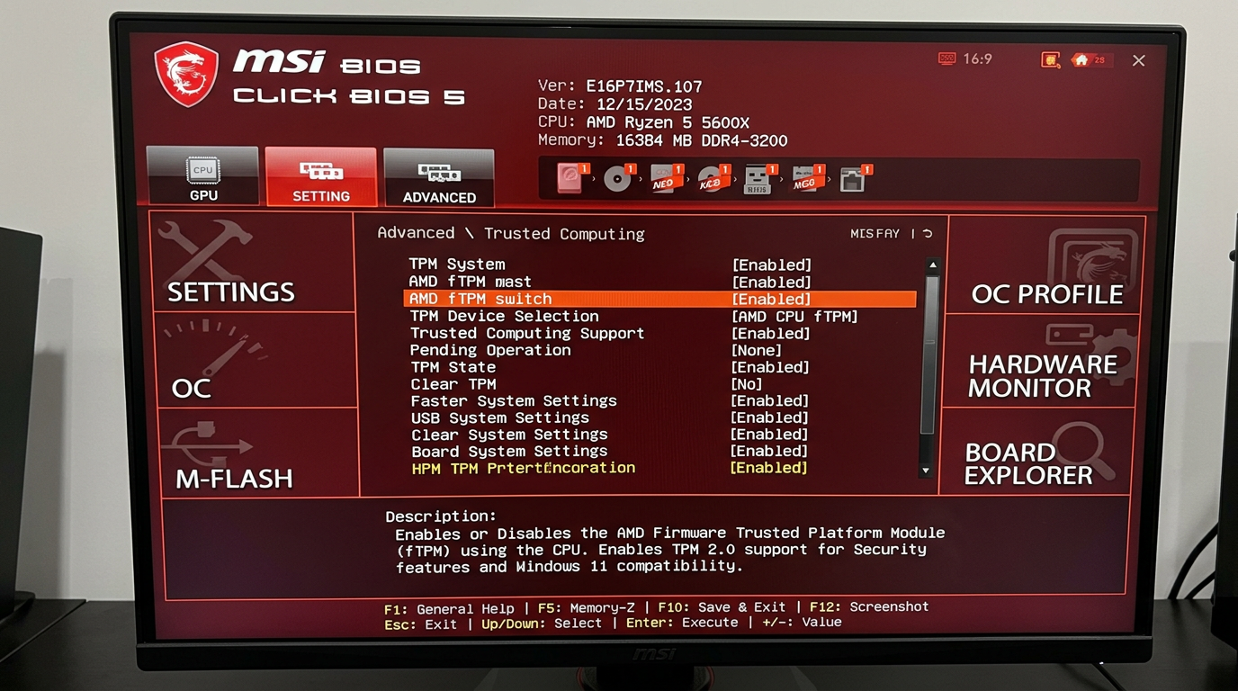 MSI fTPM option enabled on an AMD board