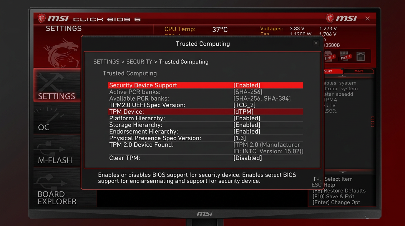 MSI Trusted Computing menu with Security Device Support enabled