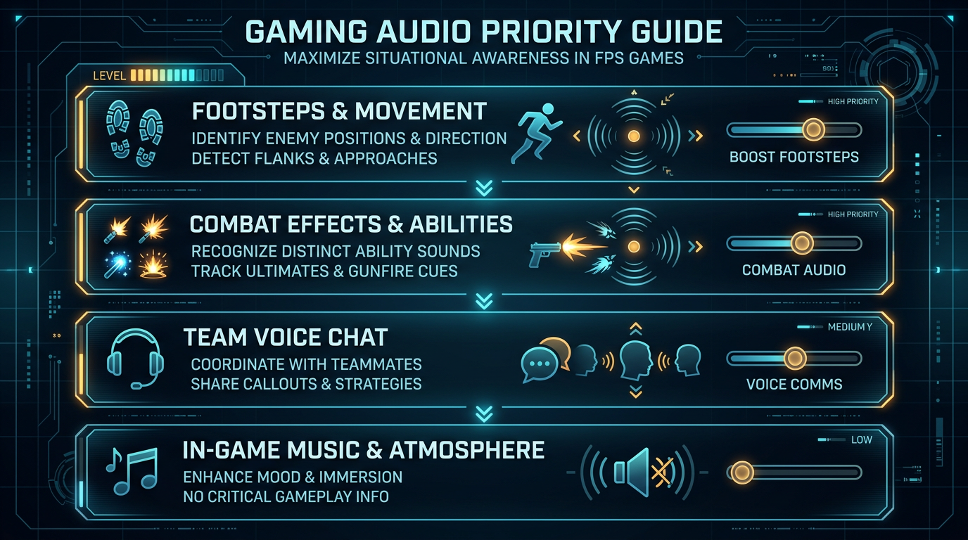The Finals audio settings infographic showing volume sliders, directional cues, and footstep clarity.
