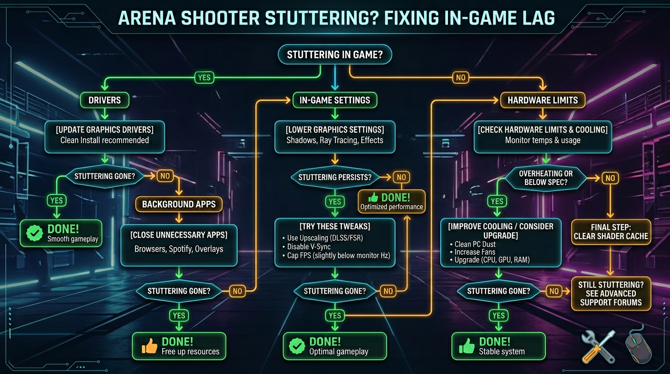 The Finals stuttering diagnosis flowchart for drivers, settings, hardware limits, and background apps.