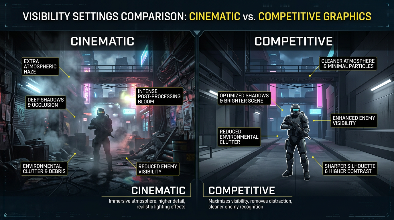 The Finals side-by-side comparison showing cinematic cluttered settings versus competitive clarity settings.