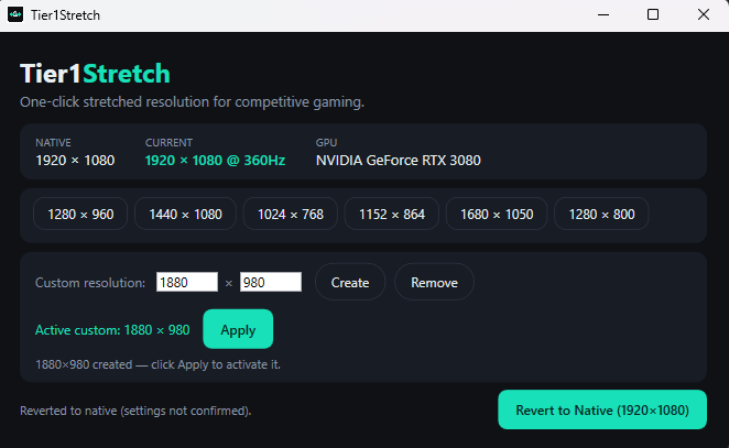 Tier1Stretch UI showing native 1920×1080 display, stretch resolution tiles (1280×960, 1440×1080, etc.), custom resolution creator, and Revert to Native button