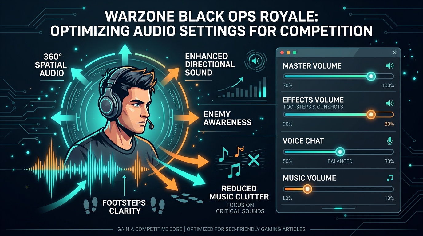 Warzone Black Ops Royale audio settings infographic showing footstep clarity, directional sound, and cleaner competitive volume priorities.