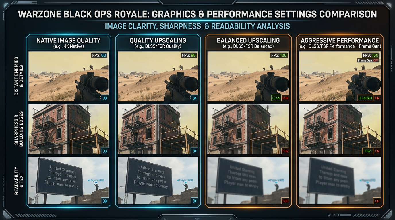 Warzone Black Ops Royale comparison graphic showing native image quality, quality upscaling, balanced upscaling, and aggressive performance settings.