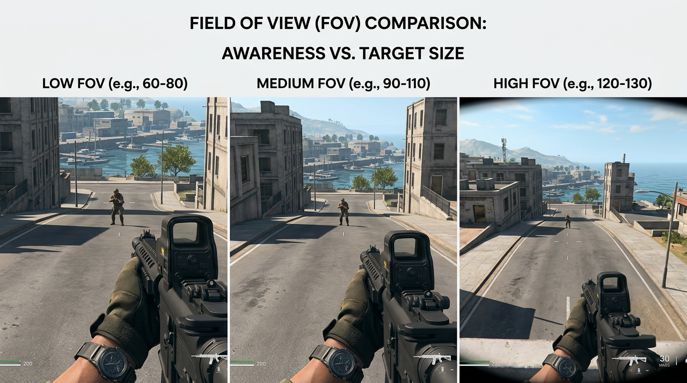 Warzone Black Ops Royale FOV comparison showing low, medium, and high field of view and the awareness versus target size tradeoff.