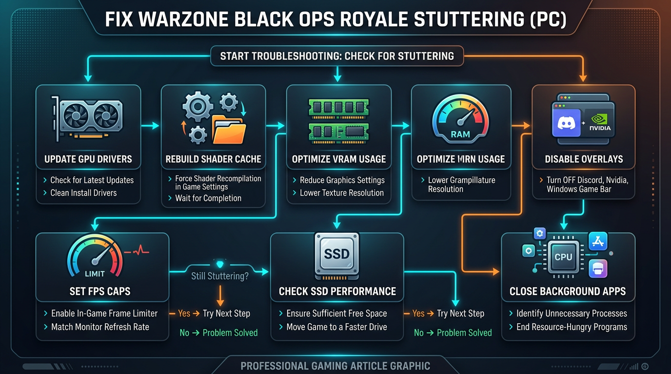 Warzone Black Ops Royale stuttering troubleshooting diagram showing drivers, shaders, VRAM, overlays, frame caps, and SSD checks.