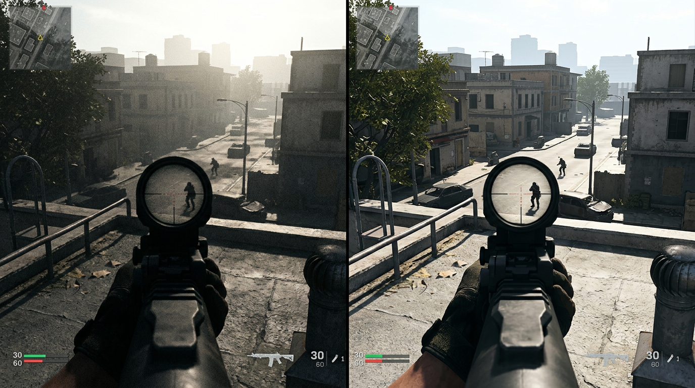 Warzone Black Ops Royale side-by-side comparison showing cinematic clutter versus cleaner competitive visibility settings.