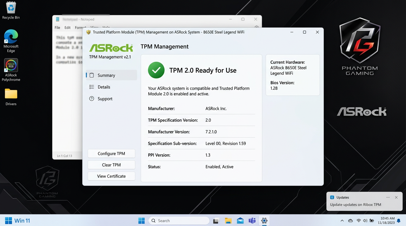 TPM Management console showing TPM 2.0 on ASRock board