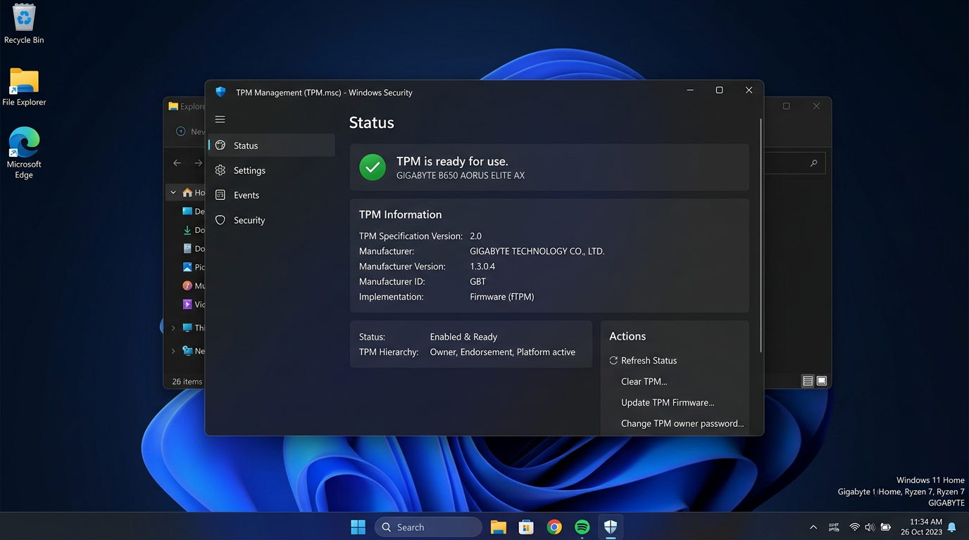 TPM Management in Windows showing TPM 2.0 on a Gigabyte board