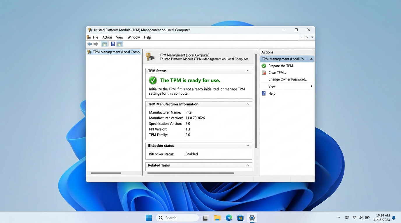 Windows 11 TPM Management showing TPM 2.0 ready