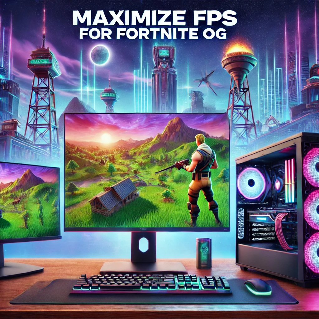 A visually dynamic header image featuring a vibrant Fortnite OG map with iconic Chapter 1 elements like Tilted Towers in the background. Highlight a gaming setup with a glowing PC tower and dual monitors showing high FPS performance. The theme should emphasize optimization and technology with a modern and competitive gaming aesthetic. Include elements like sleek graphics card imagery and a smooth Fortnite character building on screen. Bold text overlay at the bottom reads 'Maximize FPS for Fortnite OG'.